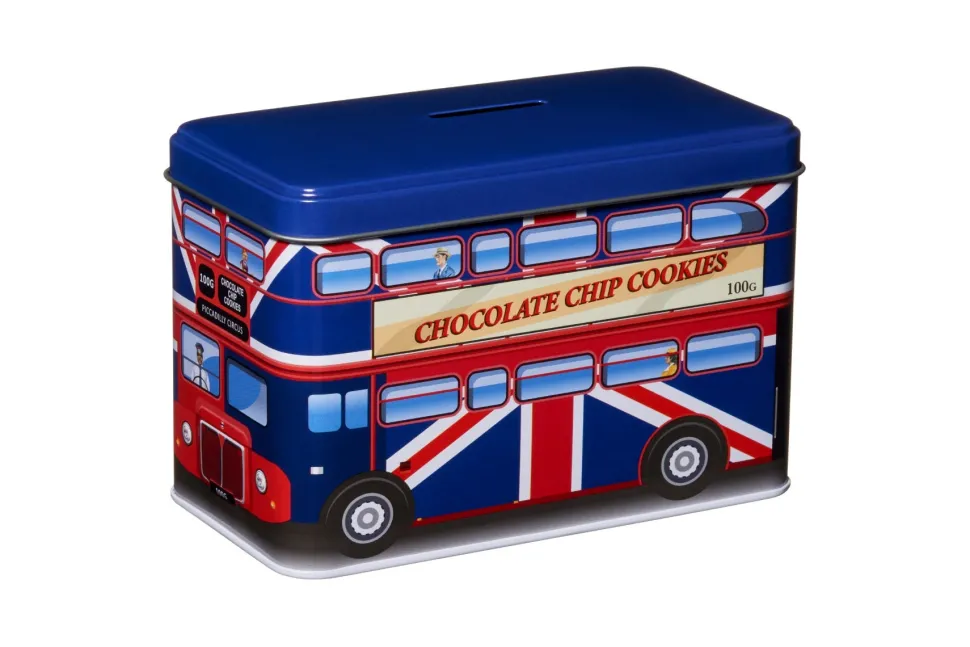 London Bus Money Box Tin Filled With Chocolate Chip Cookies